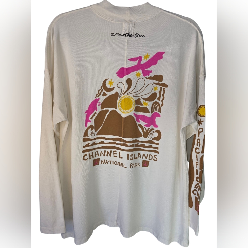 Rare Free People We the Free Vibrant Pink Mock Neck Graphic Tee Cream Size Small - Picture 3 of 5